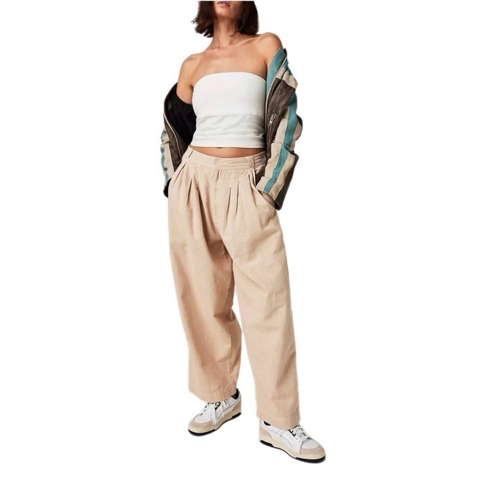 Free‎ People Lotta Love Wide Leg Trousers In Sable Size 12 Pleated Linen Blend
